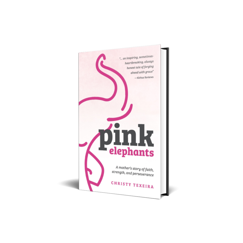 Pink Elephants book cover by Christy Texeira, featuring a pink elephant line illustration